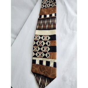 Coral Mens Silk Necktie Brown Black Cream Geometric Abstract Pattern Wide Tie